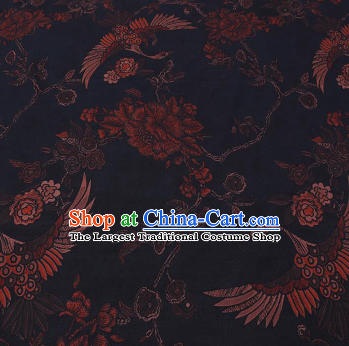Chinese Cheongsam Classical Crane Peony Pattern Design Black Watered Gauze Fabric Asian Traditional Silk Material