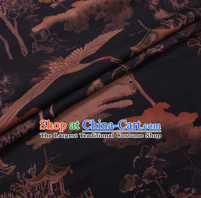 Chinese Cheongsam Classical Crane Pavilion Pattern Design Black Watered Gauze Fabric Asian Traditional Silk Material