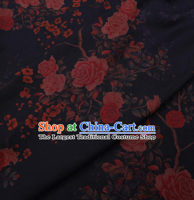 Chinese Cheongsam Classical Roses Pattern Design Navy Blue Watered Gauze Fabric Asian Traditional Silk Material