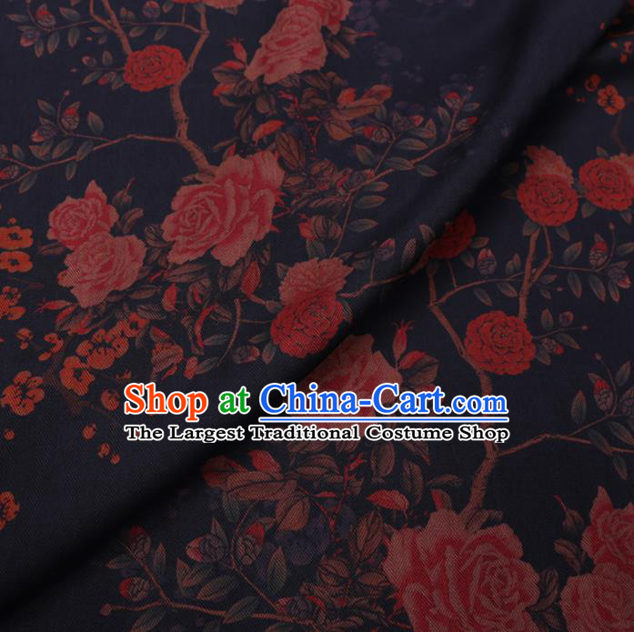 Chinese Cheongsam Classical Roses Pattern Design Navy Blue Watered Gauze Fabric Asian Traditional Silk Material