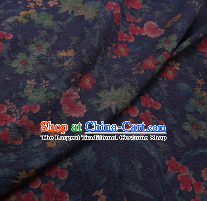 Chinese Cheongsam Classical Flowers Pattern Design Navy Blue Watered Gauze Fabric Asian Traditional Silk Material
