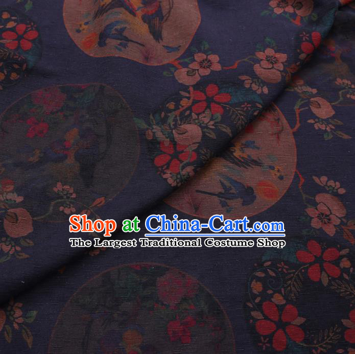 Chinese Cheongsam Classical Plum Peony Pattern Design Deep Blue Watered Gauze Fabric Asian Traditional Silk Material