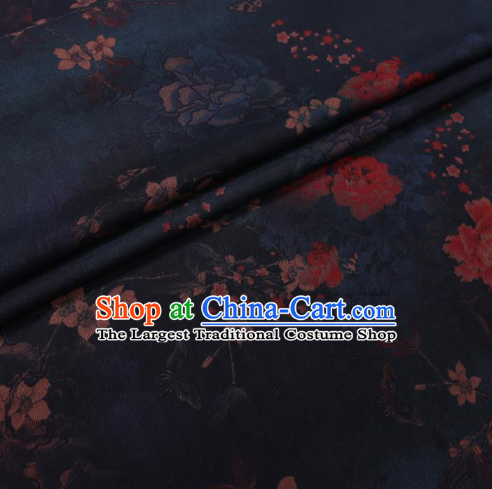 Chinese Cheongsam Classical Peony Plum Pattern Design Navy Blue Watered Gauze Fabric Asian Traditional Silk Material