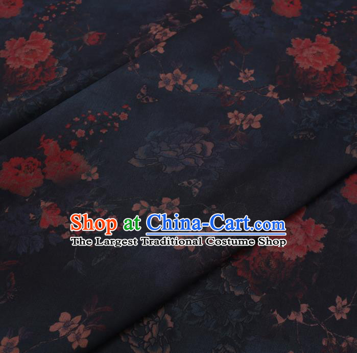 Chinese Cheongsam Classical Peony Plum Pattern Design Navy Blue Watered Gauze Fabric Asian Traditional Silk Material