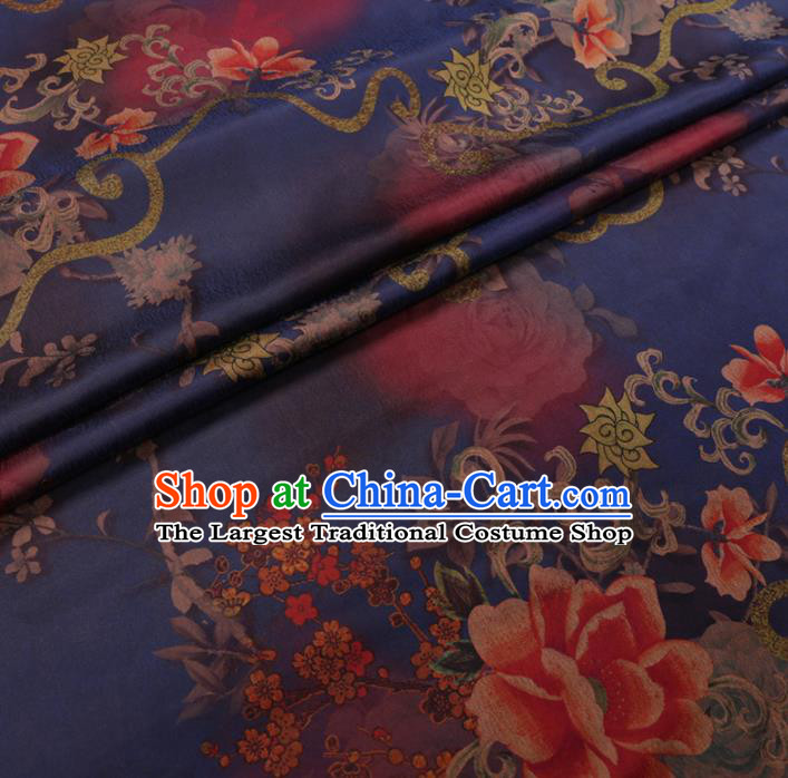Chinese Cheongsam Classical Peony Plum Pattern Design Deep Blue Watered Gauze Fabric Asian Traditional Silk Material