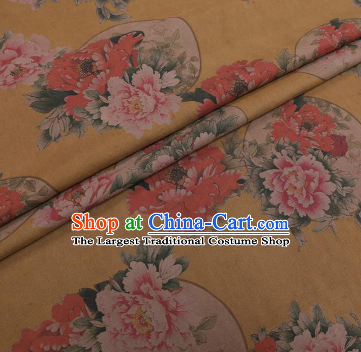 Chinese Cheongsam Classical Peony Fan Pattern Design Yellow Watered Gauze Fabric Asian Traditional Silk Material