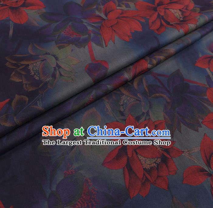 Chinese Cheongsam Classical Red Lotus Pattern Design Blue Watered Gauze Fabric Asian Traditional Silk Material