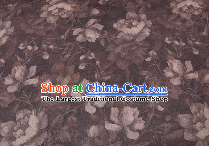 Chinese Cheongsam Classical Lotus Flowers Pattern Design Brown Watered Gauze Fabric Asian Traditional Silk Material