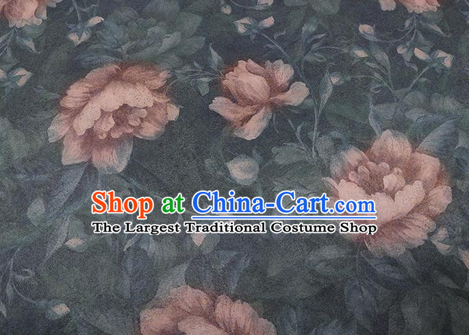 Chinese Cheongsam Classical Lotus Flowers Pattern Design Dark Green Watered Gauze Fabric Asian Traditional Silk Material
