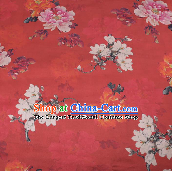 Chinese Cheongsam Classical Magnolia Peony Pattern Design Red Watered Gauze Fabric Asian Traditional Silk Material