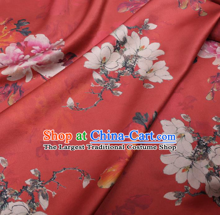 Chinese Cheongsam Classical Magnolia Peony Pattern Design Red Watered Gauze Fabric Asian Traditional Silk Material