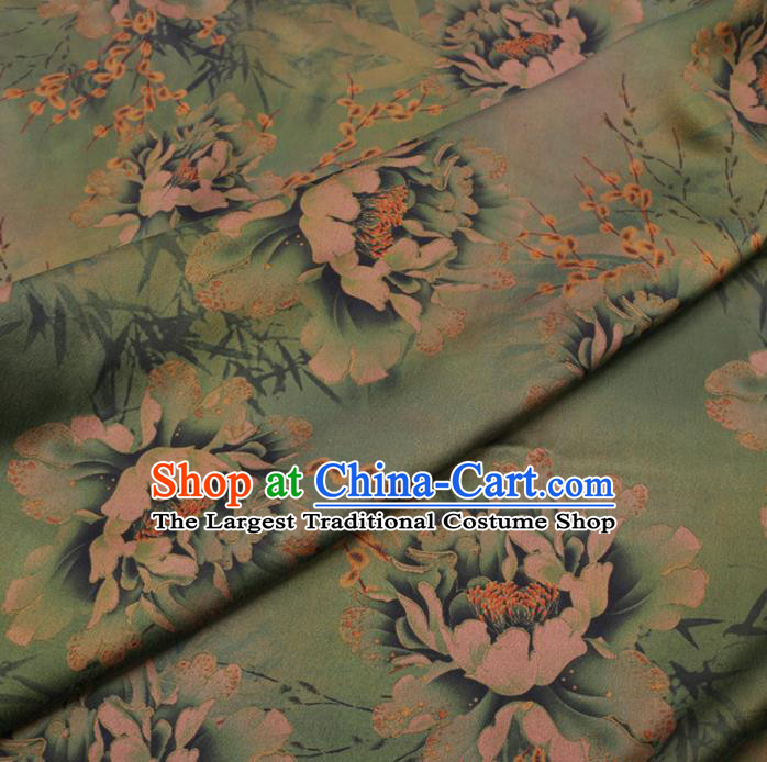 Chinese Cheongsam Classical Peony Jasminum Pattern Design Green Watered Gauze Fabric Asian Traditional Silk Material