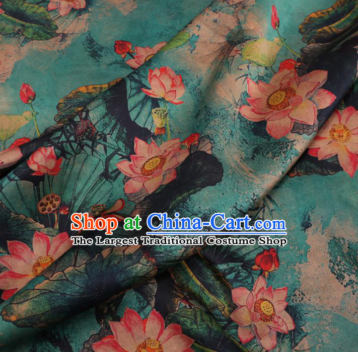 Chinese Cheongsam Classical Lotus Pattern Design Blue Watered Gauze Fabric Asian Traditional Silk Material