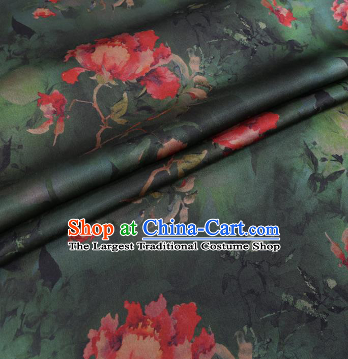 Chinese Cheongsam Classical Flowers Pattern Design Deep Green Watered Gauze Fabric Asian Traditional Silk Material