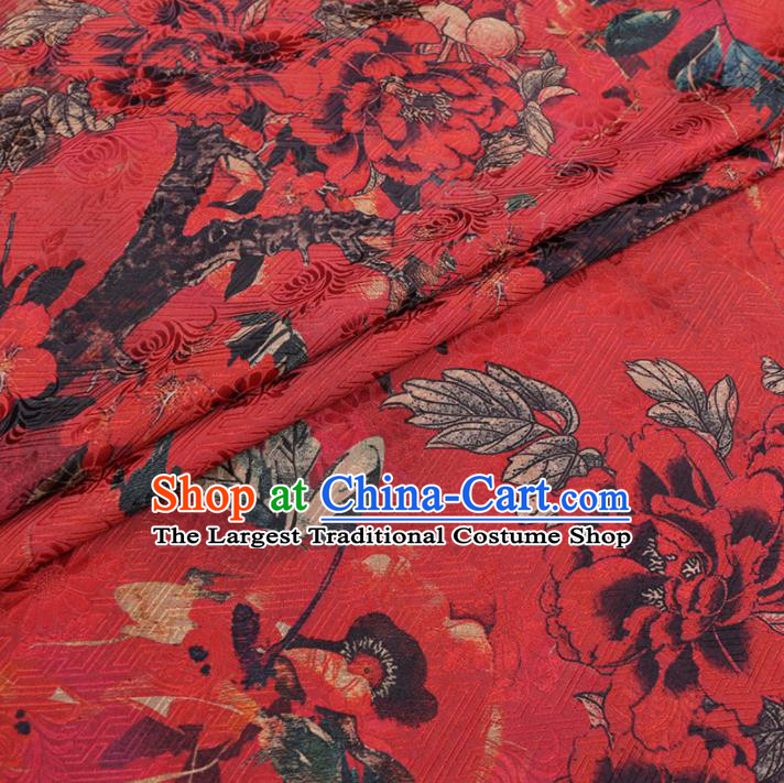 Chinese Cheongsam Classical Chrysanthemum Peony Pattern Design Red Watered Gauze Fabric Asian Traditional Silk Material