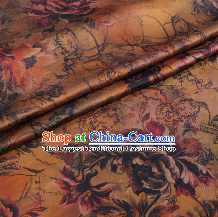 Chinese Cheongsam Classical Twine Peony Pattern Design Ginger Watered Gauze Fabric Asian Traditional Silk Material