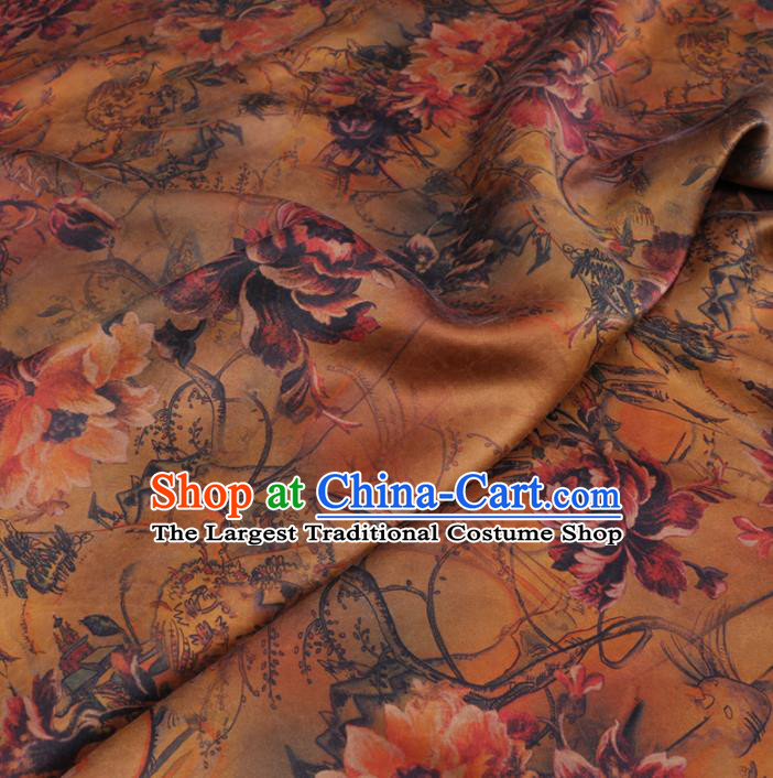 Chinese Cheongsam Classical Twine Peony Pattern Design Ginger Watered Gauze Fabric Asian Traditional Silk Material