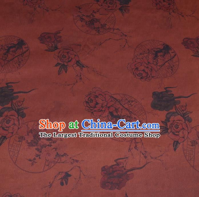 Chinese Cheongsam Classical Plum Peony Pattern Design Rust Red Watered Gauze Fabric Asian Traditional Silk Material