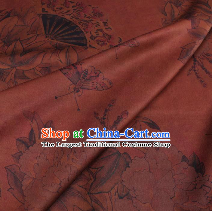 Chinese Cheongsam Classical Peony Fan Pattern Design Rust Red Watered Gauze Fabric Asian Traditional Silk Material