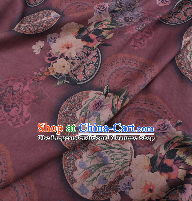 Chinese Cheongsam Classical Flowers Pattern Design Wine Red Watered Gauze Fabric Asian Traditional Silk Material