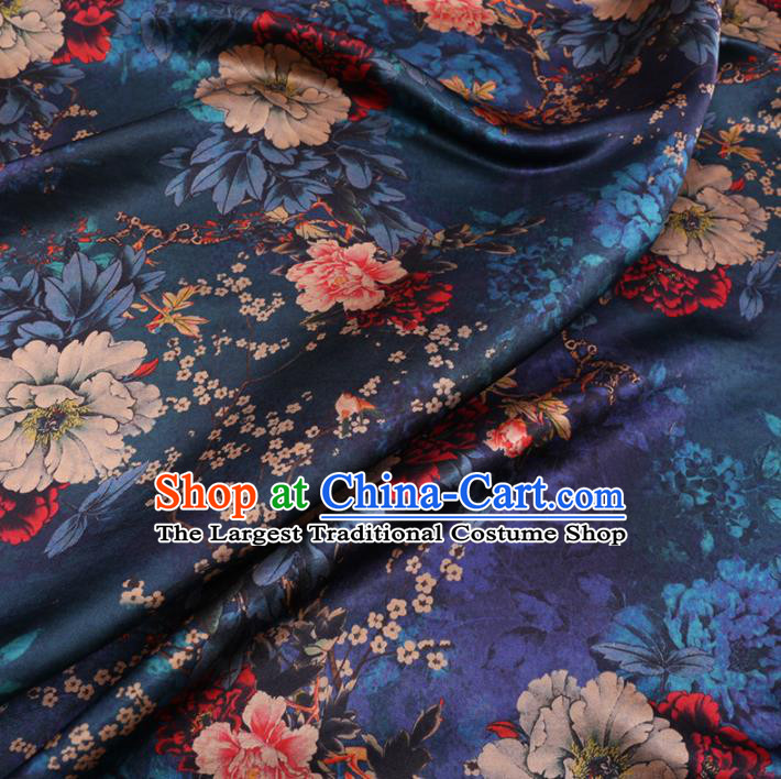 Chinese Cheongsam Classical Plum Peony Pattern Design Peacock Blue Watered Gauze Fabric Asian Traditional Silk Material