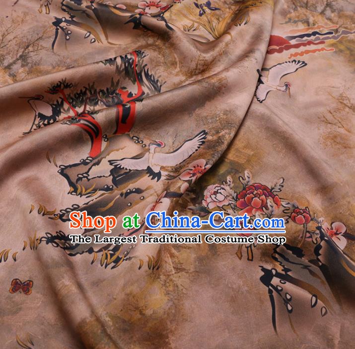 Chinese Cheongsam Classical Crane Plum Pattern Design Khaki Watered Gauze Fabric Asian Traditional Silk Material
