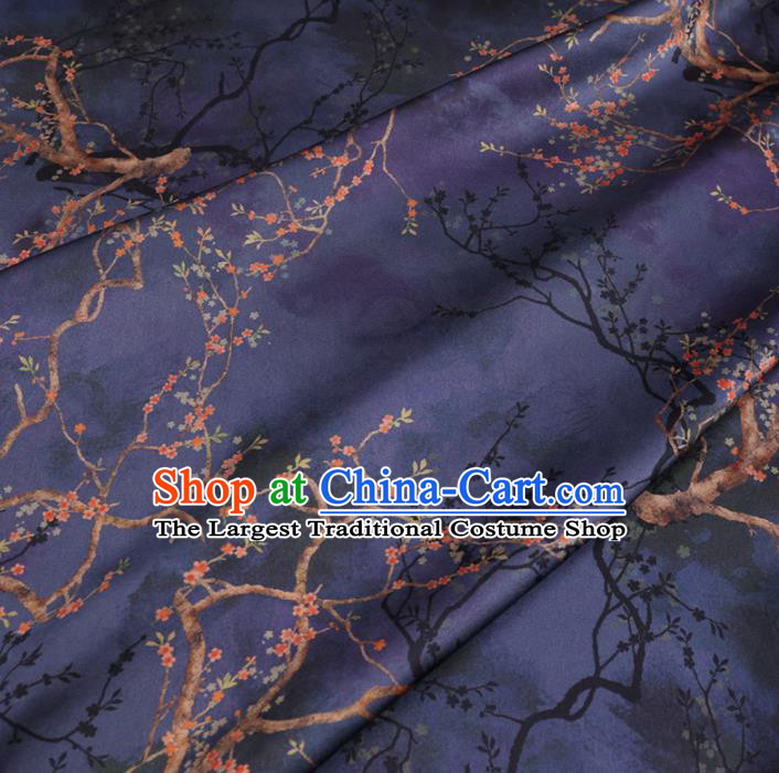 Chinese Cheongsam Classical Plum Flowers Pattern Design Deep Blue Watered Gauze Fabric Asian Traditional Silk Material