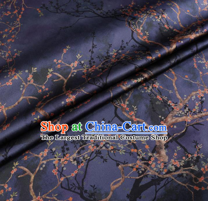 Chinese Cheongsam Classical Plum Flowers Pattern Design Deep Blue Watered Gauze Fabric Asian Traditional Silk Material