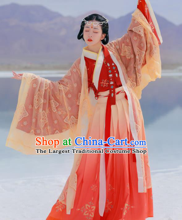 Chinese Ancient Goddess Embroidered Red Dress Traditional Jin Dynasty Court Princess Costumes for Women