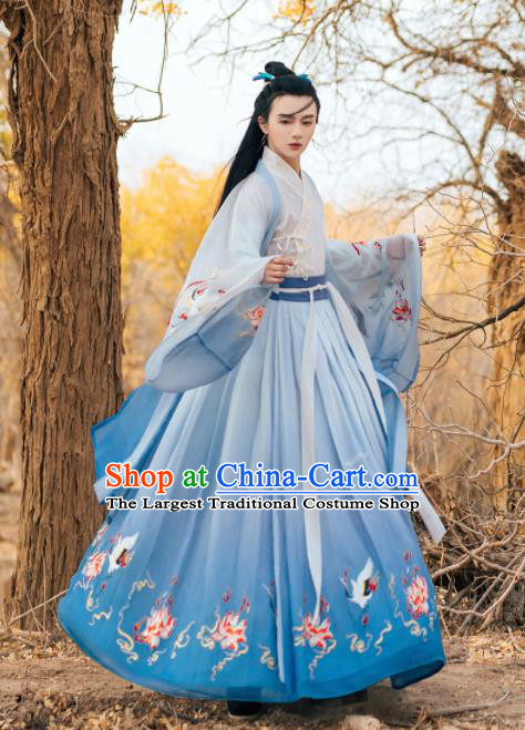 Chinese Ancient Nobility Childe Embroidered Blue Clothing Traditional Jin Dynasty Royal Prince Costumes for Men