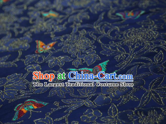 Chinese Classical Chrysanthemum Butterfly Pattern Design Navy Brocade Fabric Asian Traditional Silk Material
