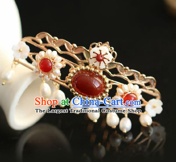 Chinese Handmade Ming Dynasty Princess Pearls Agate Hairpins Ancient Hanfu Hair Accessories for Women