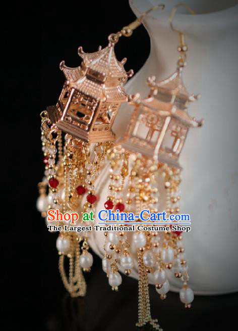 Chinese Traditional Hanfu Pearls Tassel Palace Earrings Handmade Ear Jewelry Accessories for Women