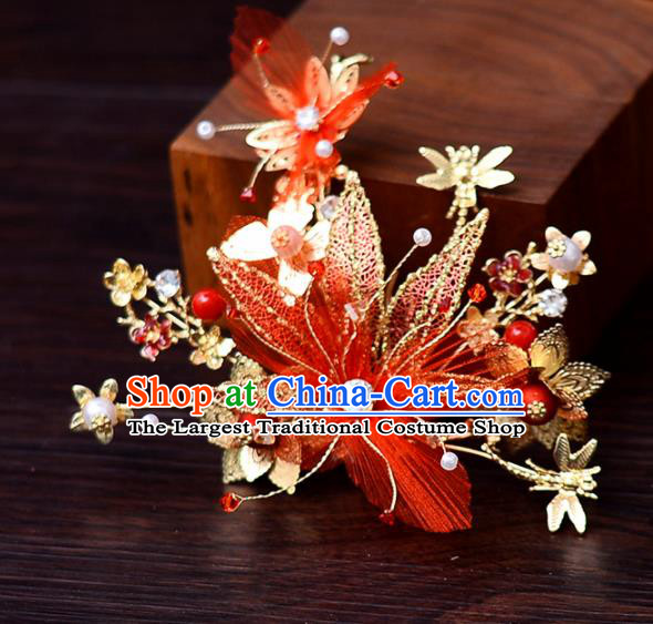 Chinese Traditional Wedding Hair Accessories Red Silk Flower Hairpins Handmade Bride Hair Combs for Women