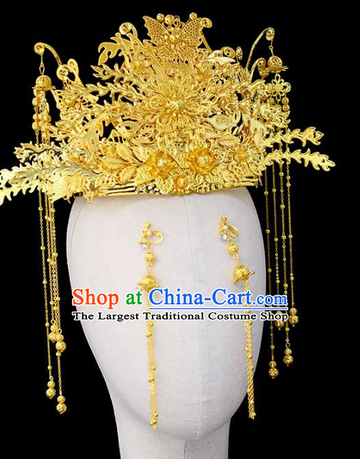 Chinese Traditional Wedding Golden Phoenix Coronet Handmade Bride Hair Accessories for Women