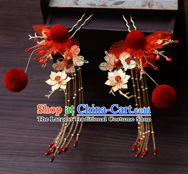 Chinese Traditional Wedding Red Silk Hairpins Hair Comb Handmade Bride Hair Accessories for Women