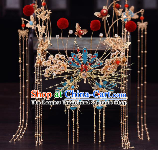Chinese Traditional Wedding Tassel Phoenix Hair Crown Handmade Bride Hair Accessories for Women
