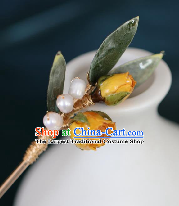Chinese Handmade Ming Dynasty Princess Yellow Flowers Hairpins Ancient Hanfu Hair Accessories for Women