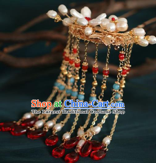 Chinese Handmade Ming Dynasty Princess Shell Pearls Tassel Hairpins Ancient Hanfu Hair Accessories for Women