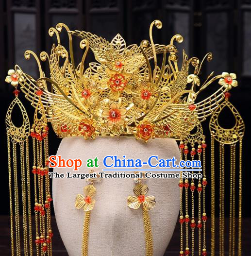 Chinese Traditional Wedding Tassel Golden Hair Crown Handmade Bride Hair Accessories for Women