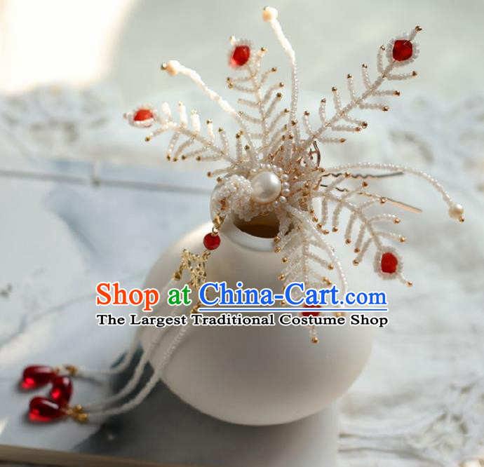 Chinese Handmade Ming Dynasty Queen White Beads Phoenix Tassel Hairpins Ancient Hanfu Hair Accessories for Women