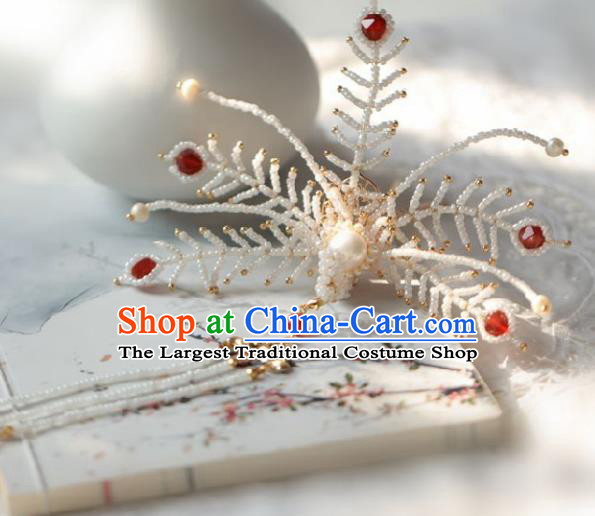 Chinese Handmade Ming Dynasty Queen White Beads Phoenix Tassel Hairpins Ancient Hanfu Hair Accessories for Women