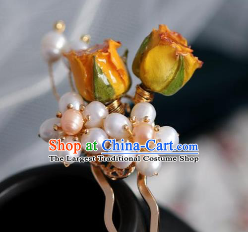 Chinese Handmade Ming Dynasty Princess Pearls Yellow Flowers Hairpins Ancient Hanfu Hair Accessories for Women