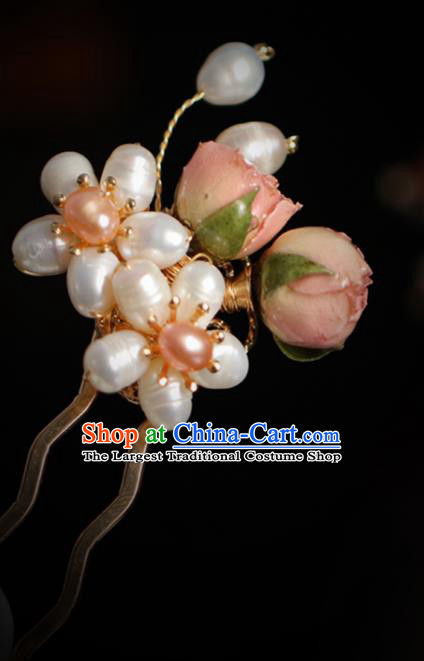 Chinese Handmade Ming Dynasty Princess Pearls Pink Flowers Hairpins Ancient Hanfu Hair Accessories for Women