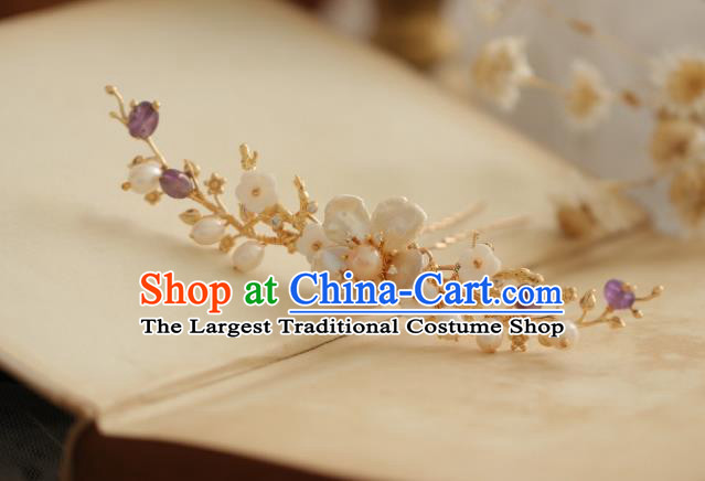 Chinese Handmade Ming Dynasty Princess Shell Flower Pearls Hairpins Ancient Hanfu Hair Accessories for Women