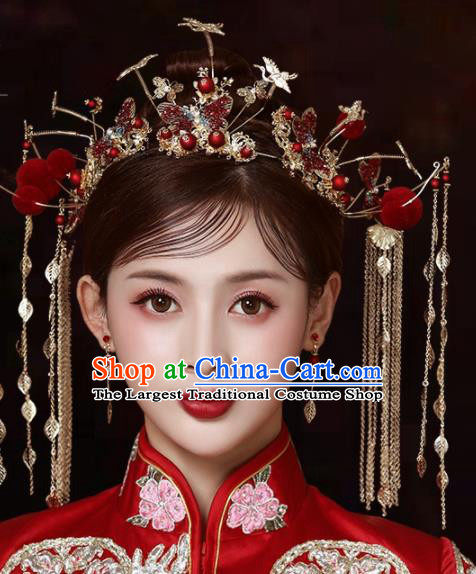 Chinese Traditional Wedding Red Butterfly Hair Crown Handmade Bride Hair Accessories for Women
