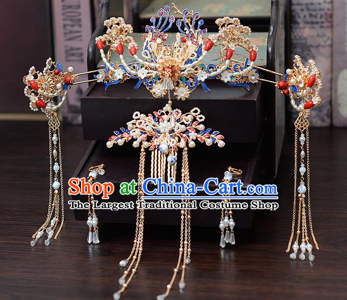 Chinese Traditional Wedding Pearls Phoenix Hair Comb Tassel Hairpins Handmade Bride Hair Accessories for Women