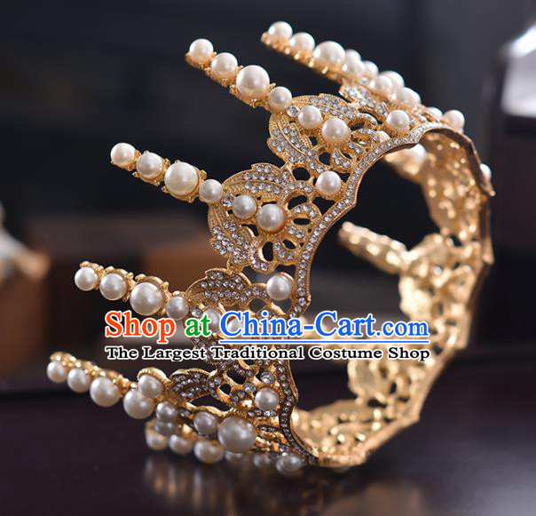 Top Handmade Bride Crystal Golden Round Royal Crown Wedding Hair Accessories for Women