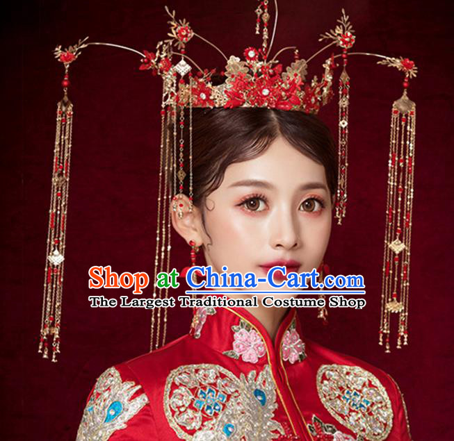 Chinese Traditional Wedding Queen Red Flowers Hair Crown Hairpins Handmade Bride Hair Accessories for Women