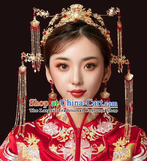 Chinese Traditional Wedding Golden Tassel Hair Crown Hairpins Handmade Bride Hair Accessories for Women